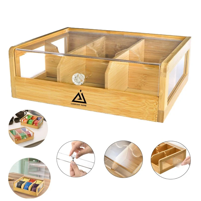 6 Compartment Tea Storage Holder Box with Clear Acrylic Lid 1