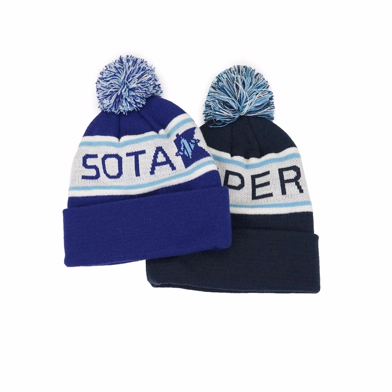 Custom Acrylic Knit Beanie Cap with Cuff and Pompom