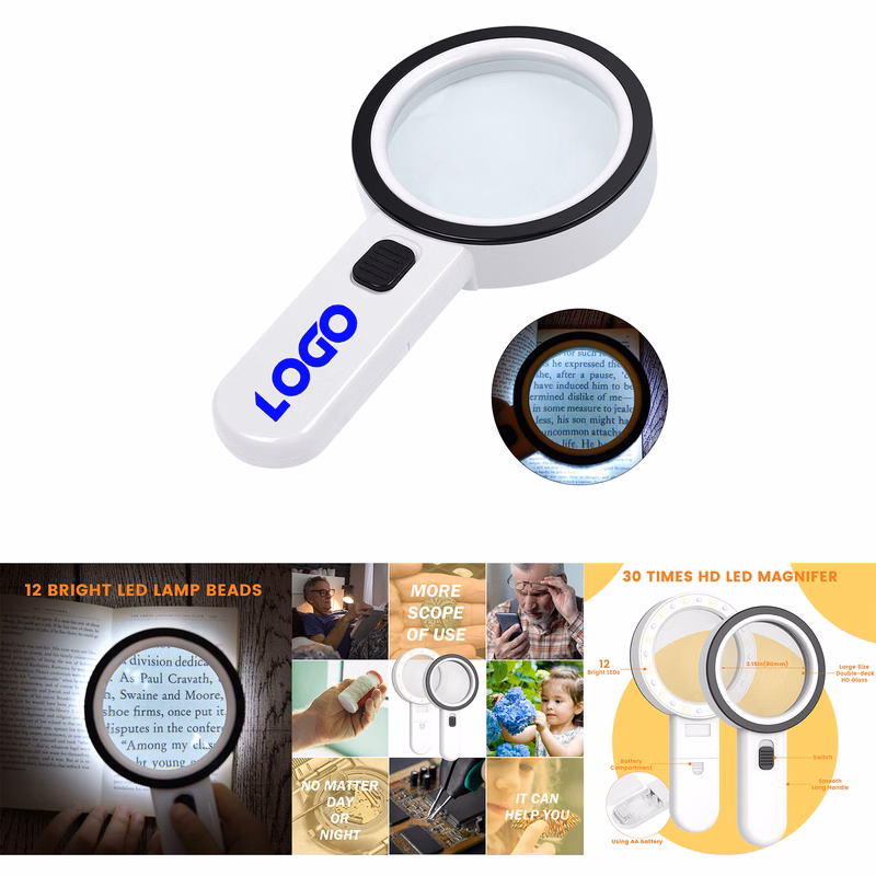 30X Handheld Large Magnifying Glass 12 LED