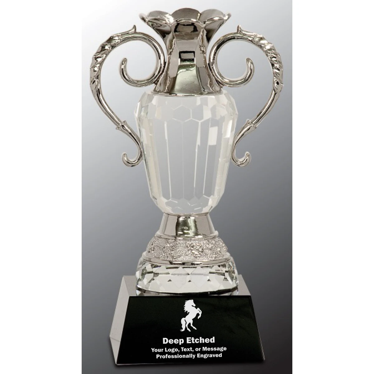 8" Crystal Cup Award with Silver Metal Handles on Black Pedestal Base 1