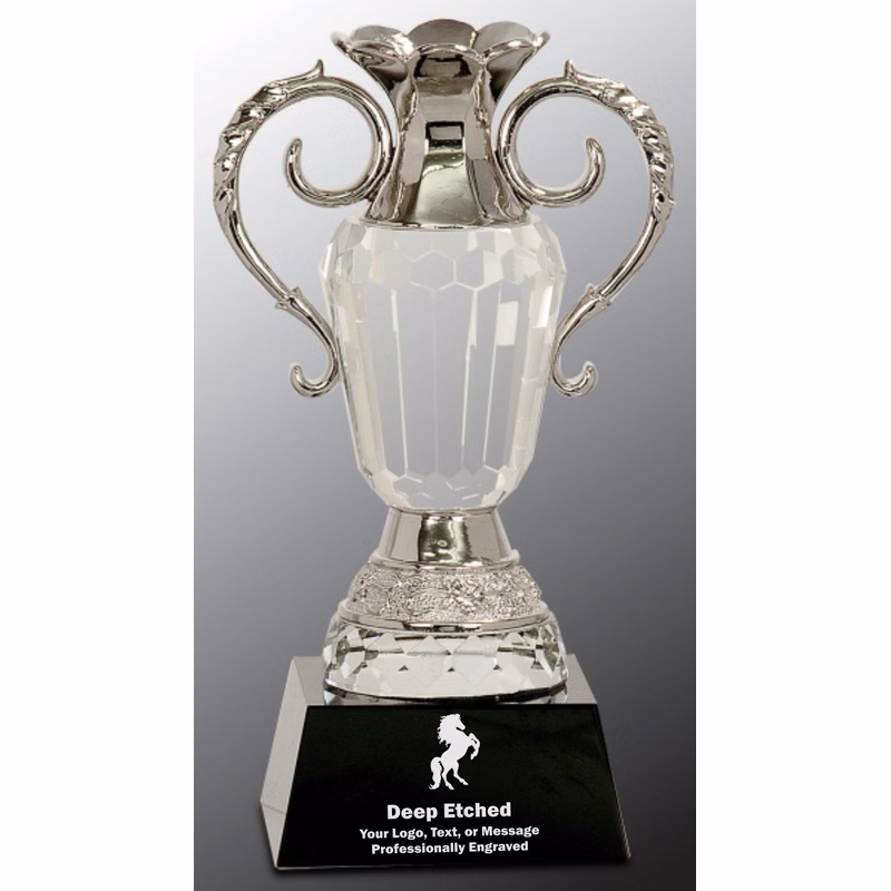 8" Crystal Cup Award with Silver Metal Handles on Black Pedestal Base