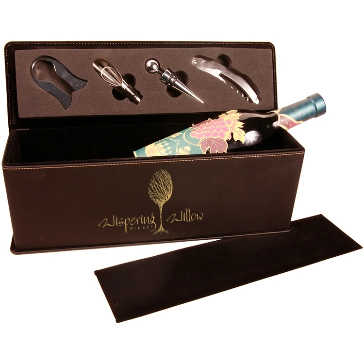 Leatherette Single Wine Box With Tools - Black/Engraves Gold 1