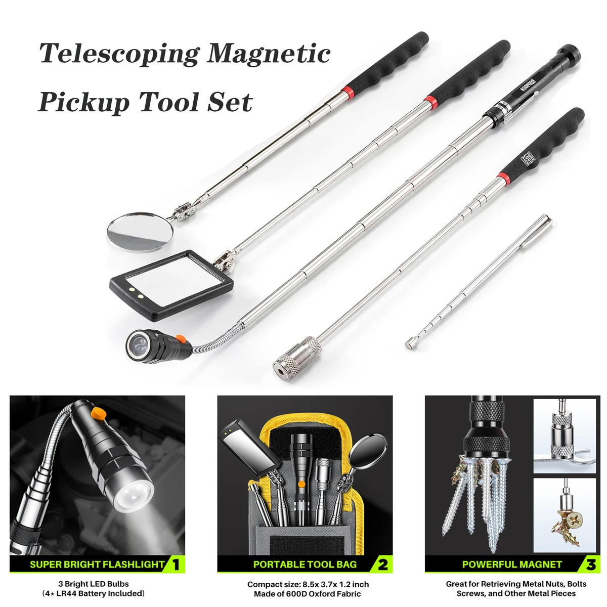 Men Telescoping Magnetic Pickup Tool Set Extendable Magnet Flashlight with Inspection Mirror 1