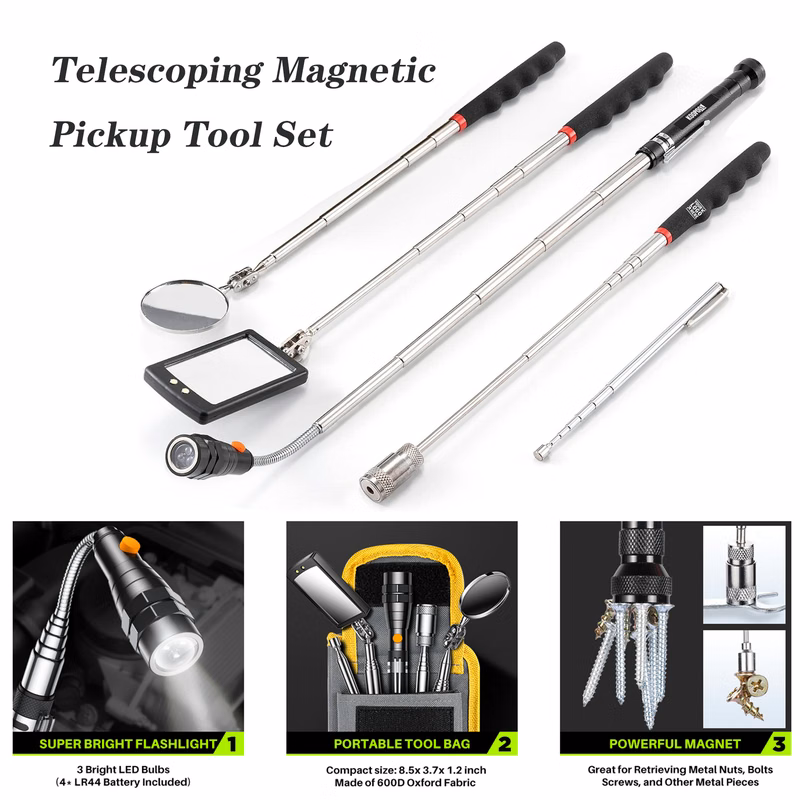 Men Telescoping Magnetic Pickup Tool Set Extendable Magnet Flashlight with Inspection Mirror