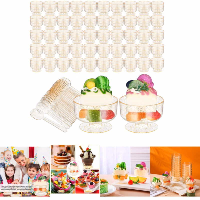 100 Sets 5 oz Gold Glitter Dessert Cups