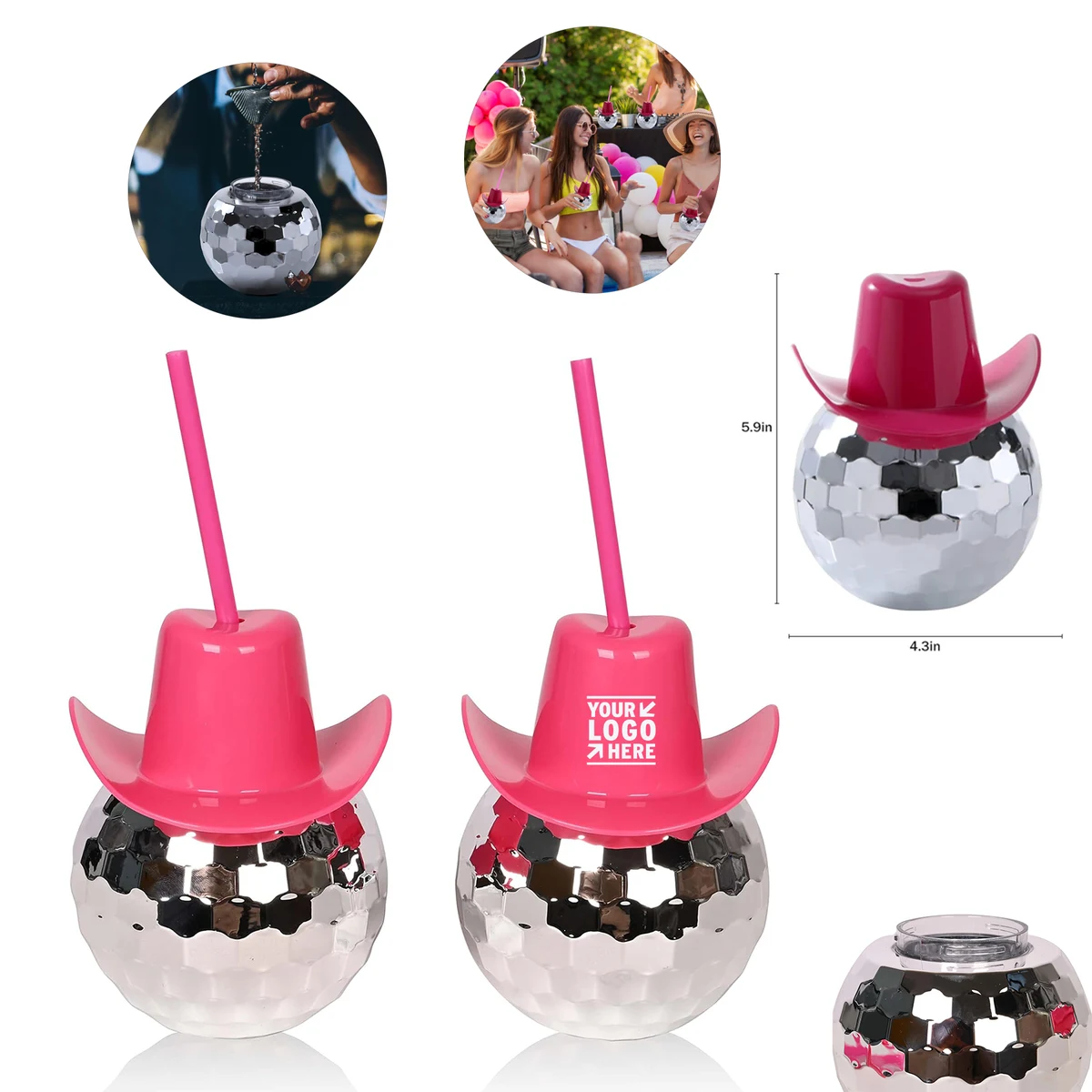 17 oz Holiday Party Silver Disco Ball Drink Tumbler with Straw 1