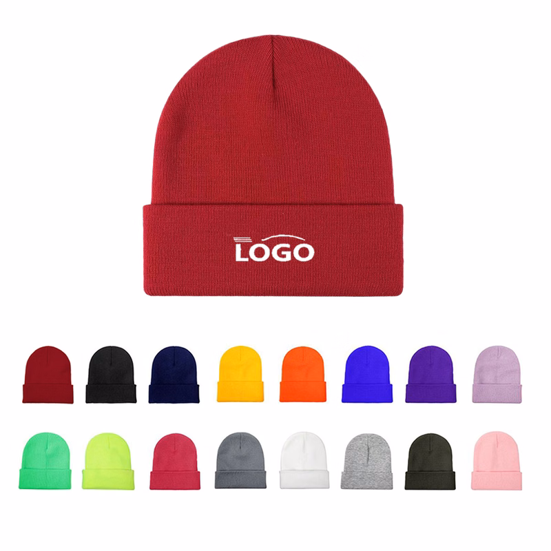 Embroidered Knit Ski Beanie With Rolled Brim