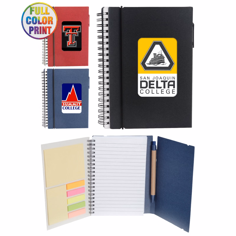 Eco Spiral Notebook W/Sticky Notes and Flags & Pen -Full Color
