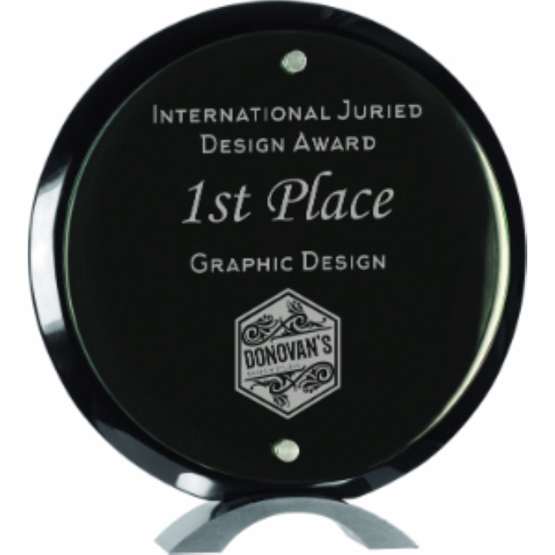 10" Round Black Piano Finish Floating Jade Glass Standup Award