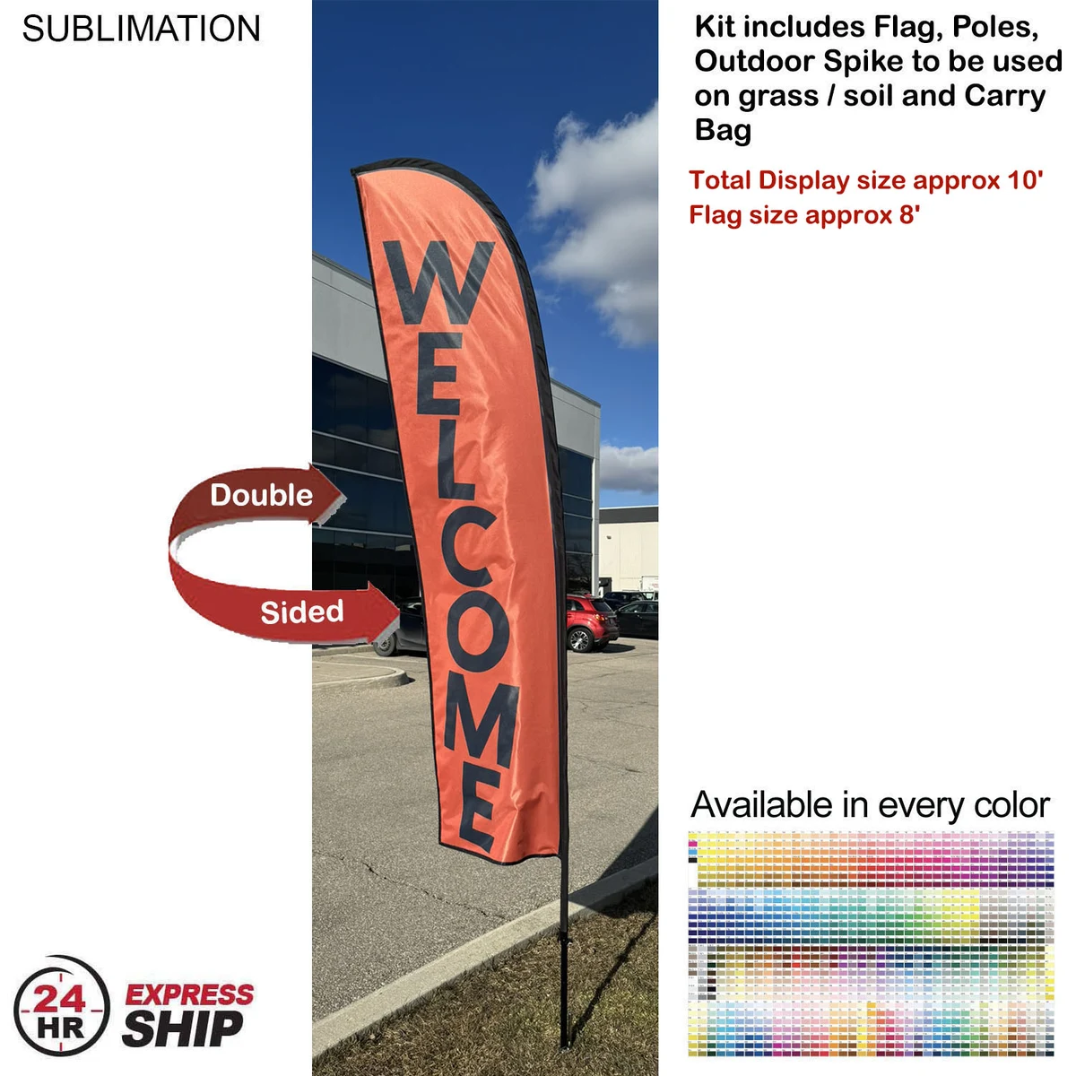 24Hr Express Ship - 10' Small Feather Flag Kit, Full Color Graphics Double Sided, Spike and Bag 1