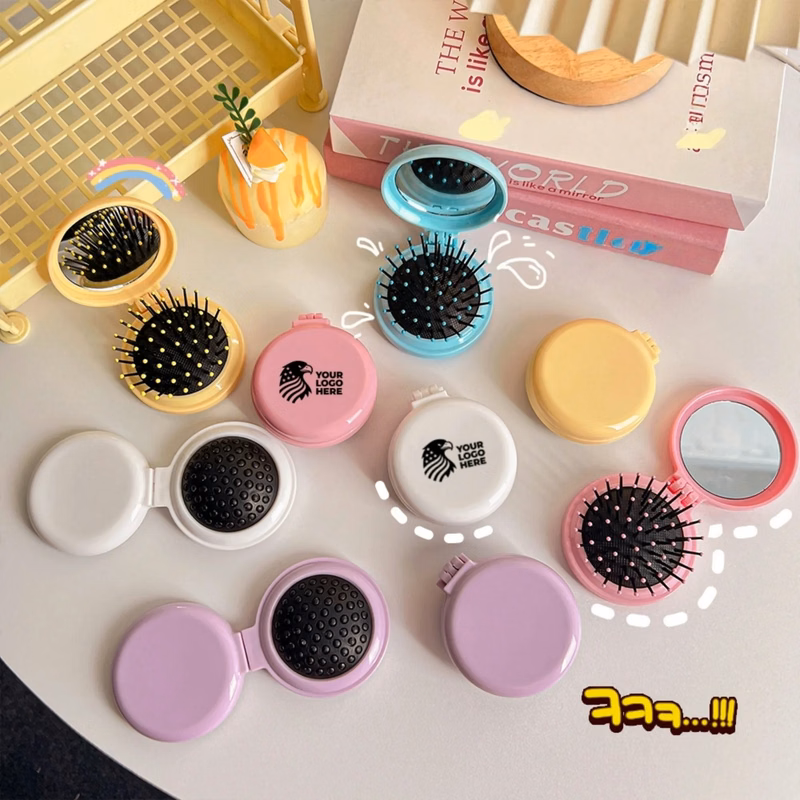 Folding Hair Brush With Mirror Portable Comb