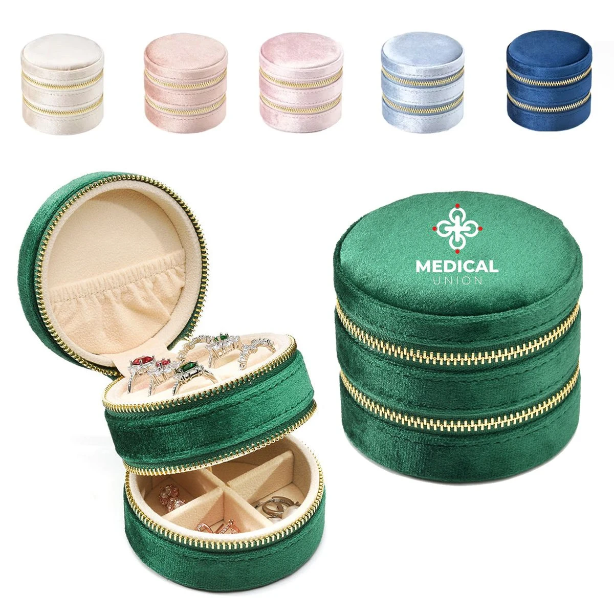 Compact Double Layer Velvet Round Zipper Case for Rings 1