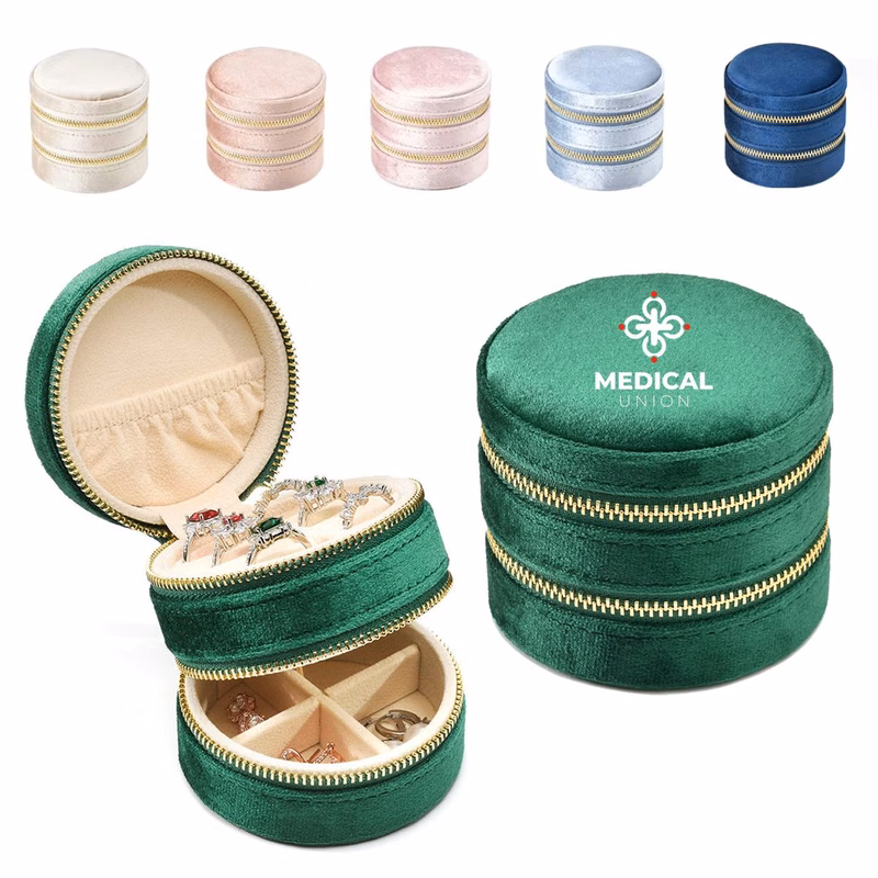 Compact Double Layer Velvet Round Zipper Case for Rings