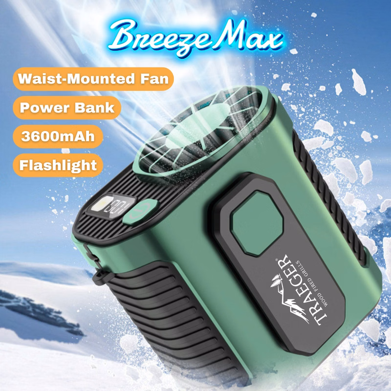 BreezeMax Lite 3-in-1: Waist-Mounted Fan, Flashlight & Power Bank