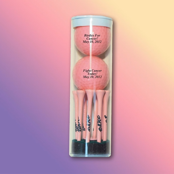Golf Ball Tube w/ Eight Pink 2 3/4" Tees, 2 Golf Balls & 1 Marker