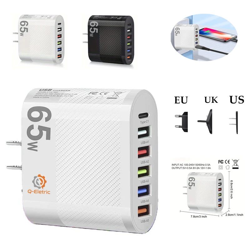 65W PD USB Charger 6 Ports USB Type C Adapter Quick Charge 3.0 Fast Charging 1