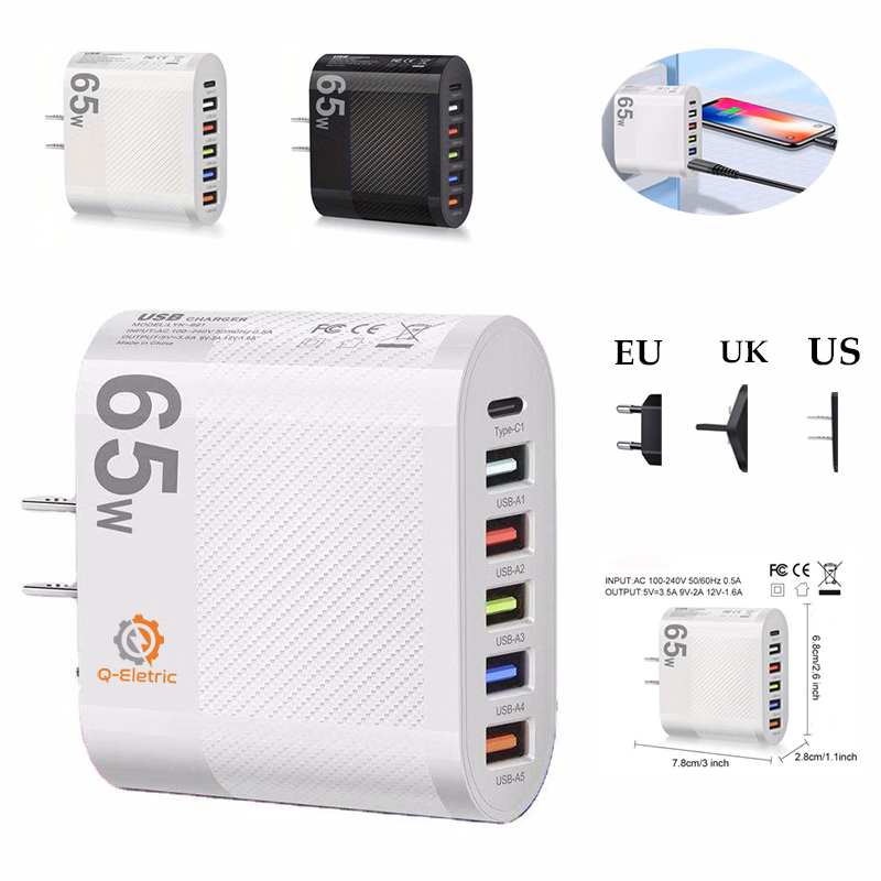 65W PD USB Charger 6 Ports USB Type C Adapter Quick Charge 3.0 Fast Charging