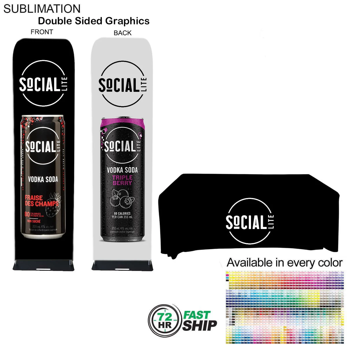 72Hr Fast Ship - Event package, 2'W Fabric banner and Premium 6' tablecloth open back 1