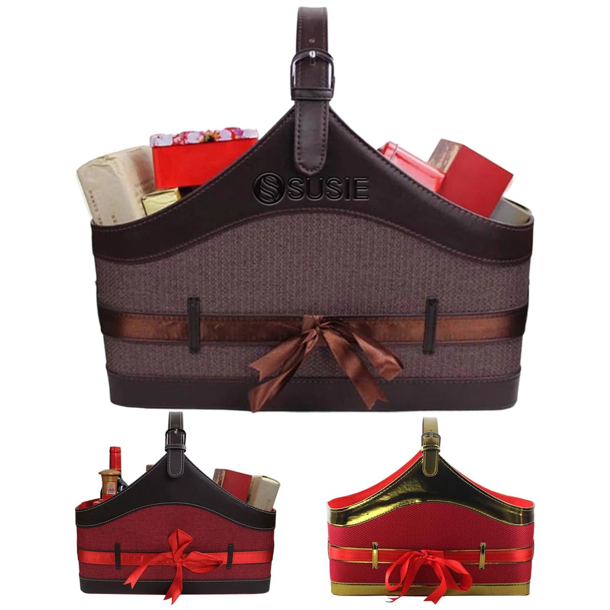 Colorful PU Leather Bowknot Gift Basket, custom tote bag with logo imprint 1