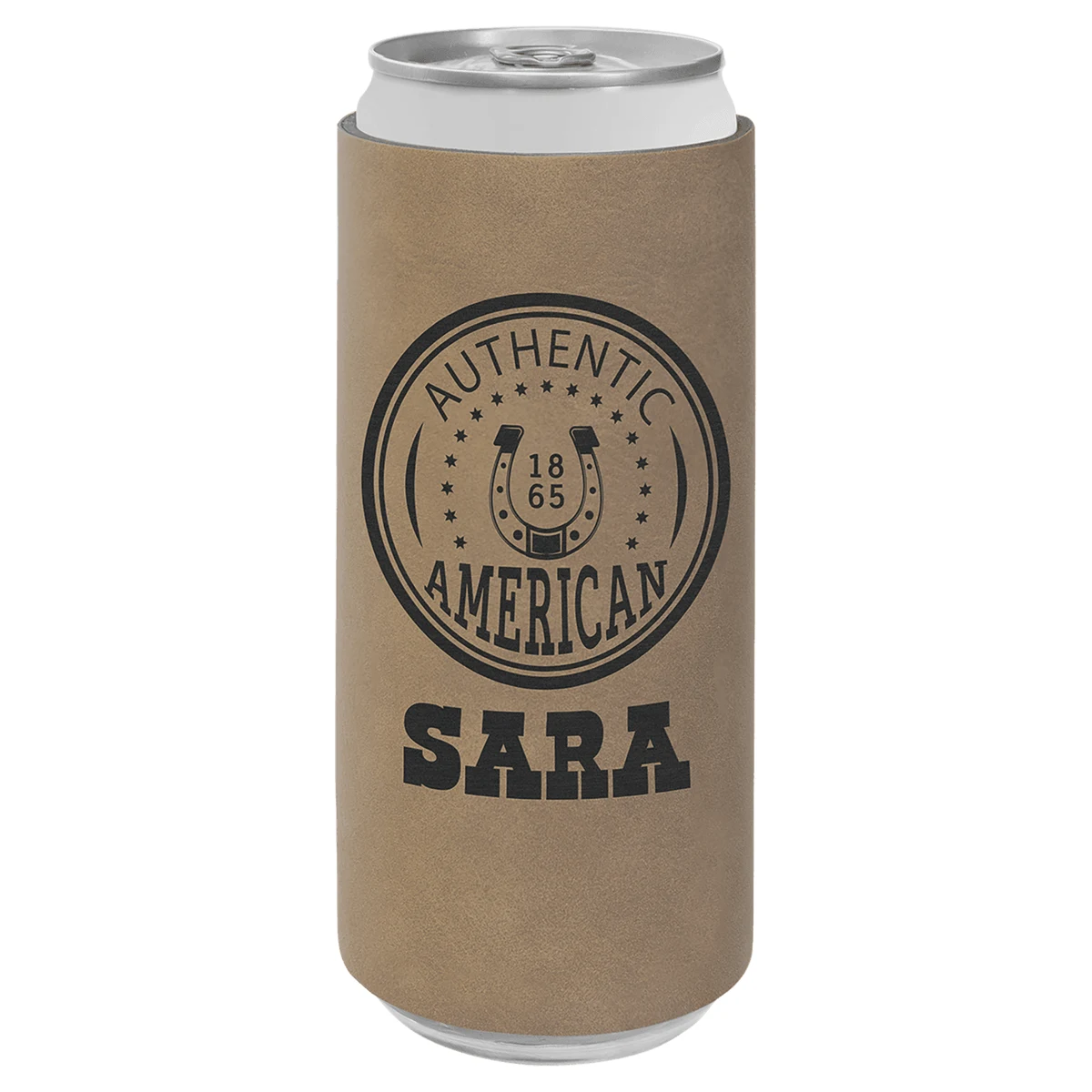 Light Brown Leatherette Slim Beverage Holder, custom koozie with logo imprint 1