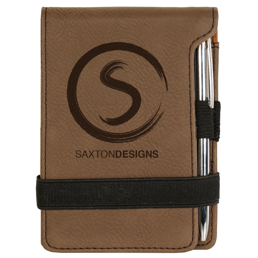 3 1/4" x 4 3/4" Dark Brown Leatherette Mini Notepad with Pen 1