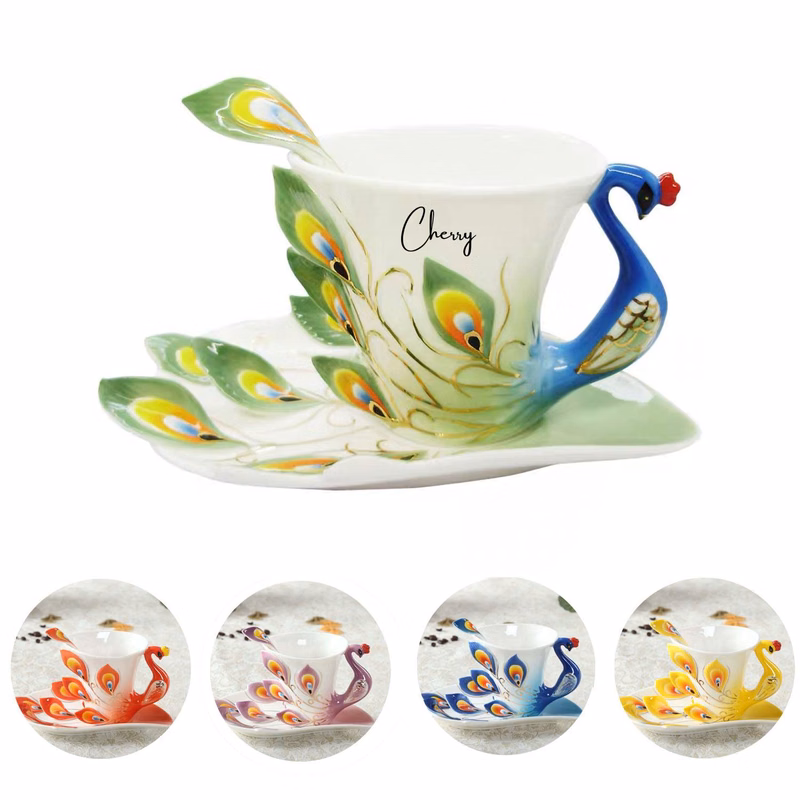 Enamel china peacock coffee cup and saucer tea set