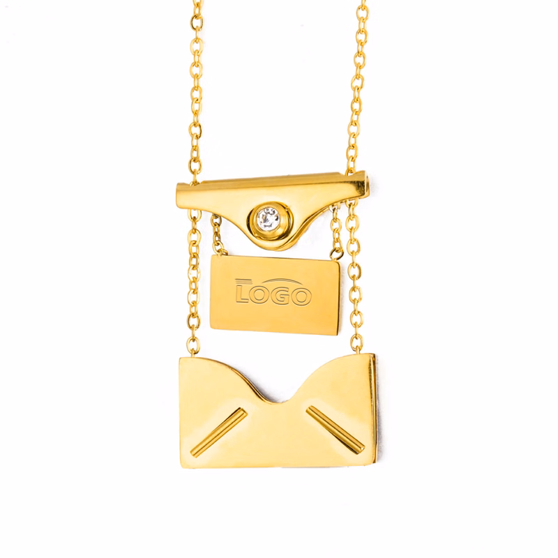 Stainless steel envelope necklace with customizable logo