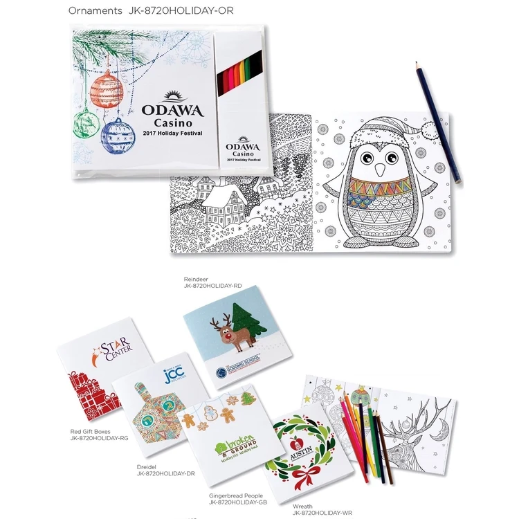 Holiday Theme Deluxe 7" x 7" Adult Coloring Book & 8-Color Pencil Set 1