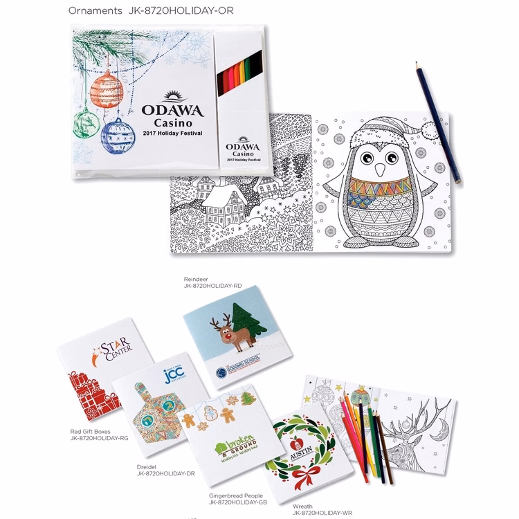 Holiday Theme Deluxe 7" x 7" Adult Coloring Book & 8-Color Pencil Set