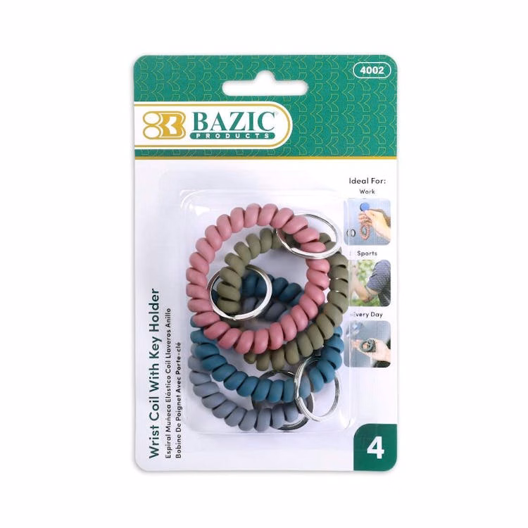 Wrist Coils with Key Holder - 4 Pack Assorted Colors