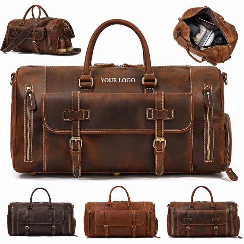 Mens Classic Gift Carry on Bag Leather Weekend Bag Full Grain Overnight Luggage YKK Zipper