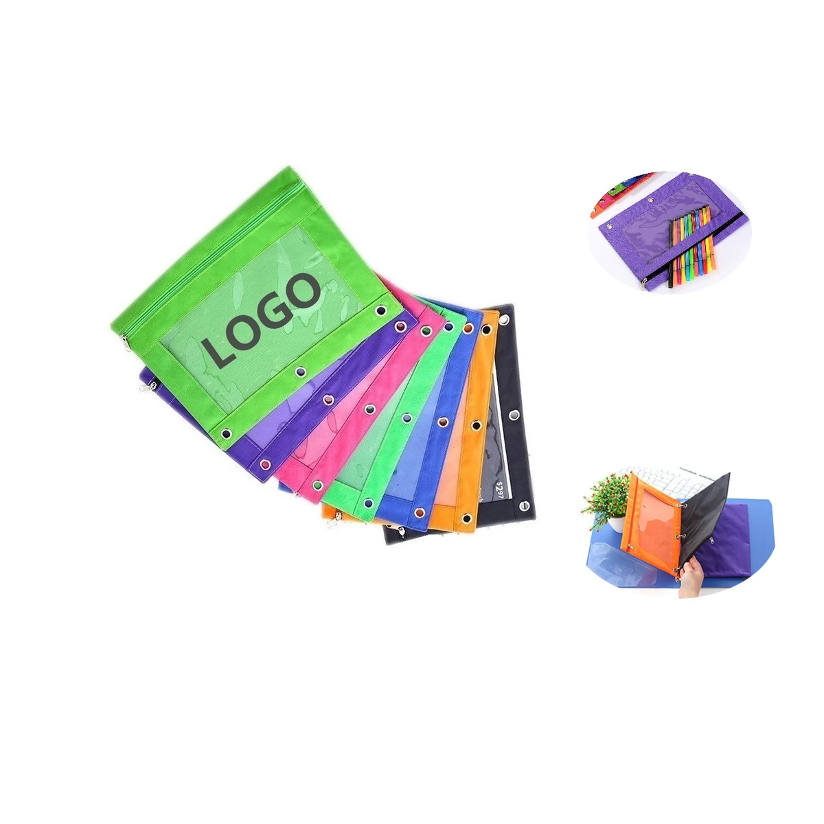 3 Ring Binder Oxford Zipper Pencil Pouch With PVC Window 1
