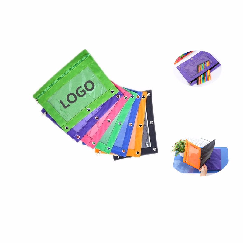 3 Ring Binder Oxford Zipper Pencil Pouch With PVC Window