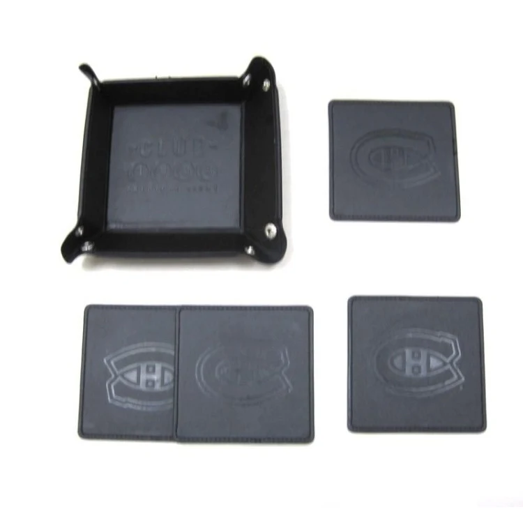 PU material cup mat set with debossed logos. 1