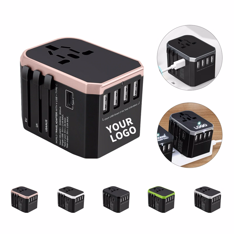 All In One Global Travel Adapter With USB C 2" x 2.1" x 2.9"