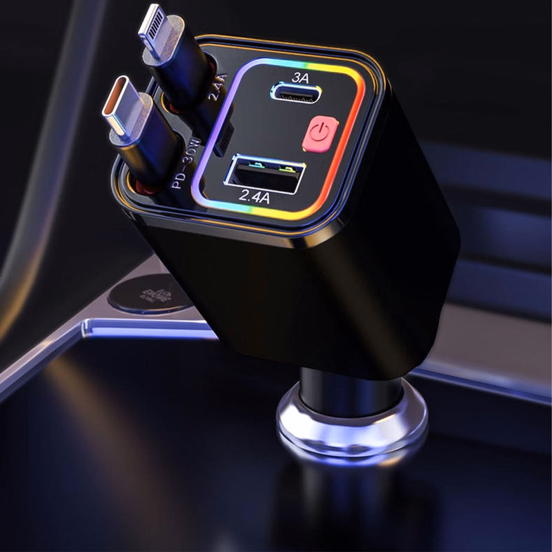 4 in 1 Retractable Car Charger w LED Light
