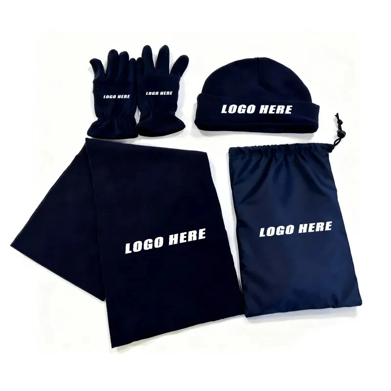 Polar Fleece Beanie Gloves and Scarf Set with Pouch 1