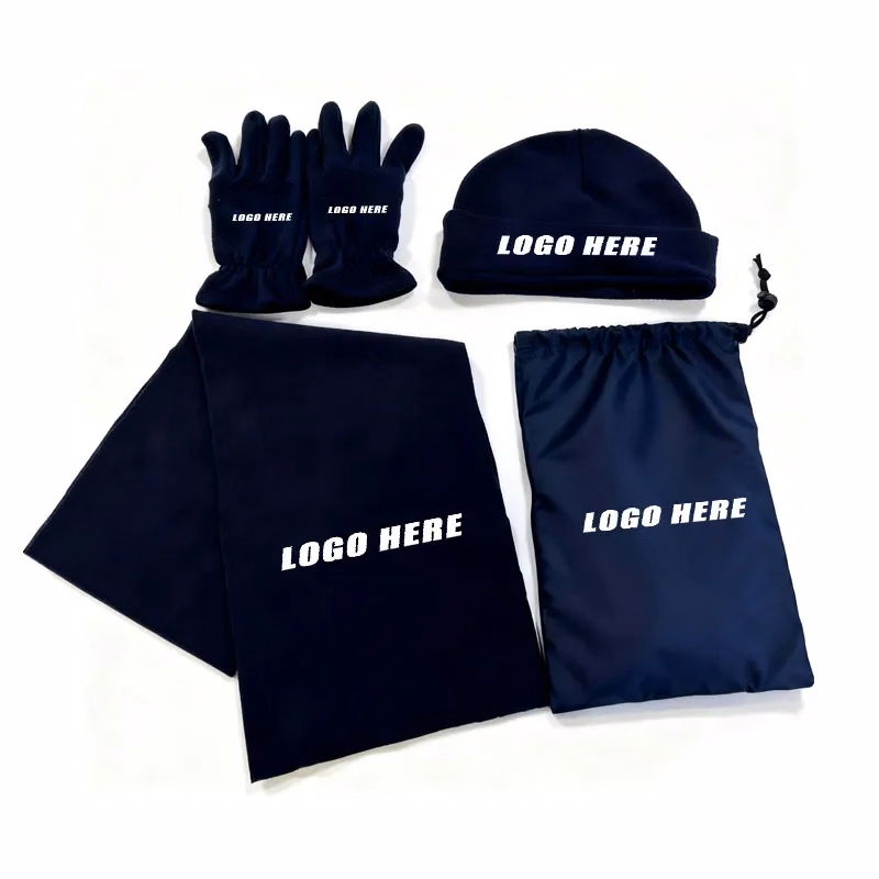 Polar Fleece Beanie Gloves and Scarf Set with Pouch