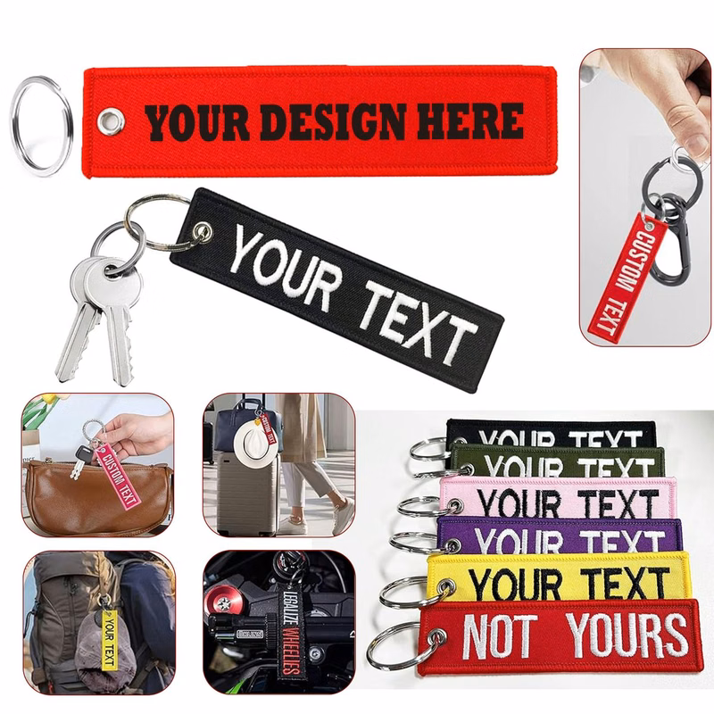 Double Sided Woven Label Keychains With Key Ring