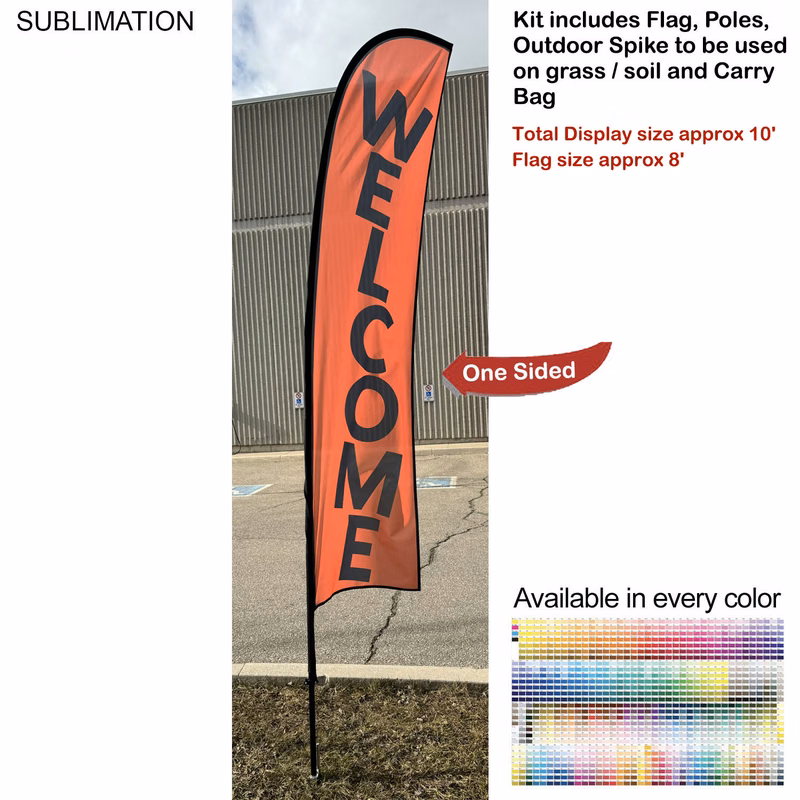 10' Small Feather Flag Kit, Full Color Graphics One Side, Outdoor Spike base and Bag Included