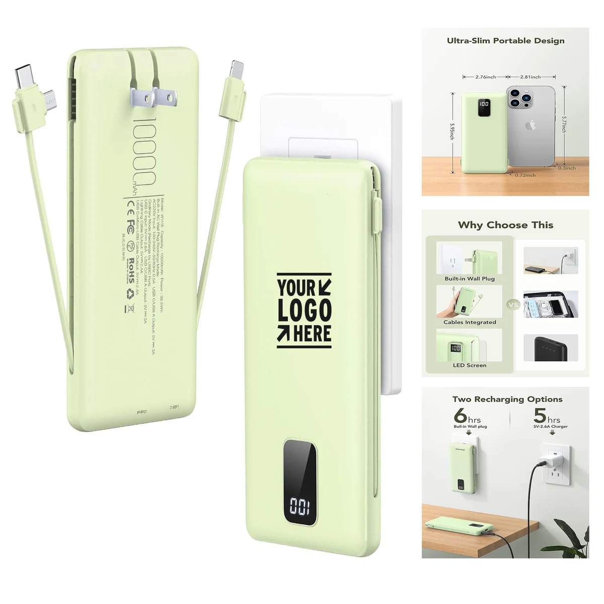 10000mAh Built-in Cable AC Wall Plug Portable External Battery Pack Charger Ultra Slim Power Bank 1