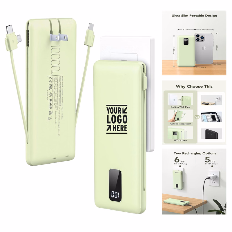10000mAh Built-in Cable AC Wall Plug Portable External Battery Pack Charger Ultra Slim Power Bank