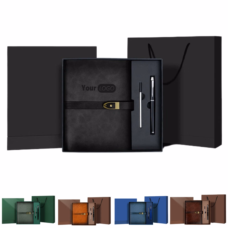 A5 Lined Leather Notebook and Pen Set with Gift Box
