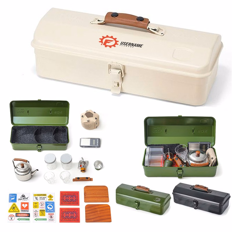 Metal Portable Tool Box with Tea Kettle Cups Stove Set