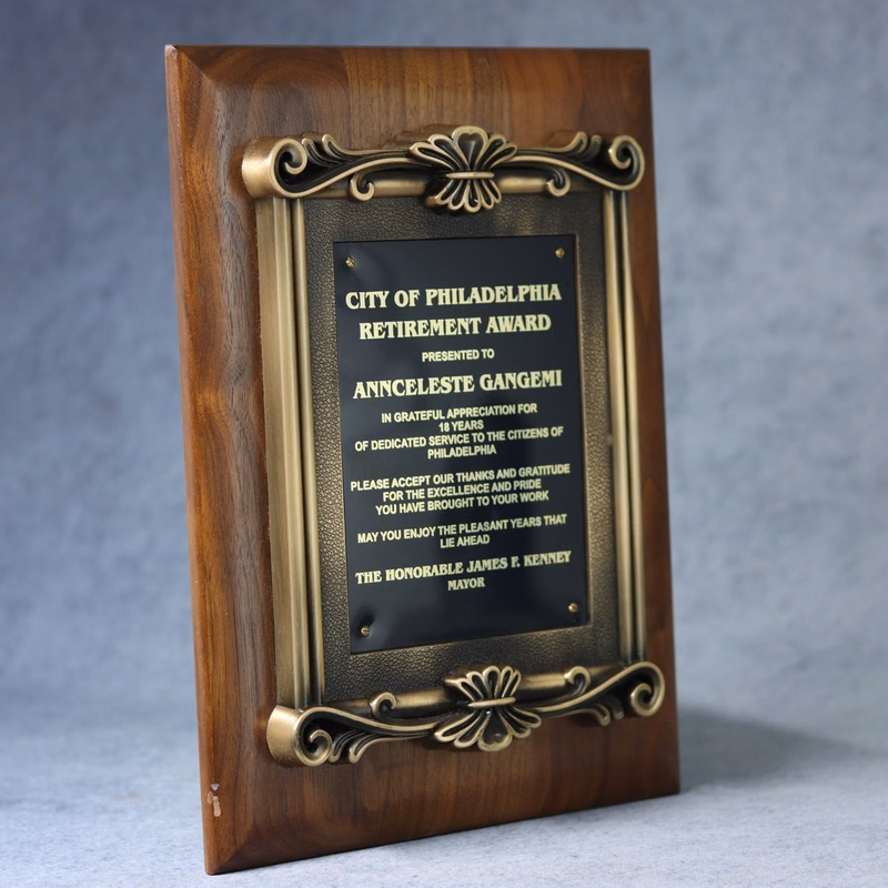 Solid Walnut Plaque With Cast Antique Gold Metal Scroll Frame