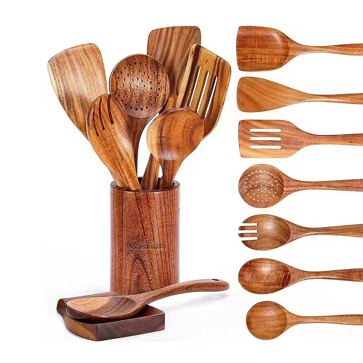 9 Piece Natural Teak Wooden Kitchen Utensil Set with Holder 1