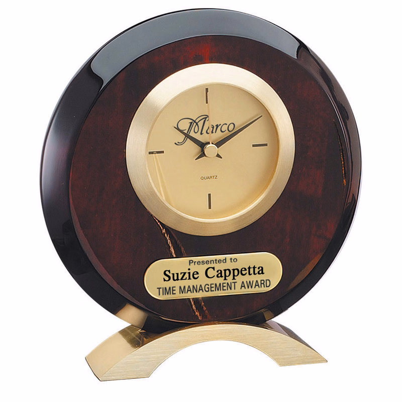 Circular Rosewood Desk Clock on Brass Base