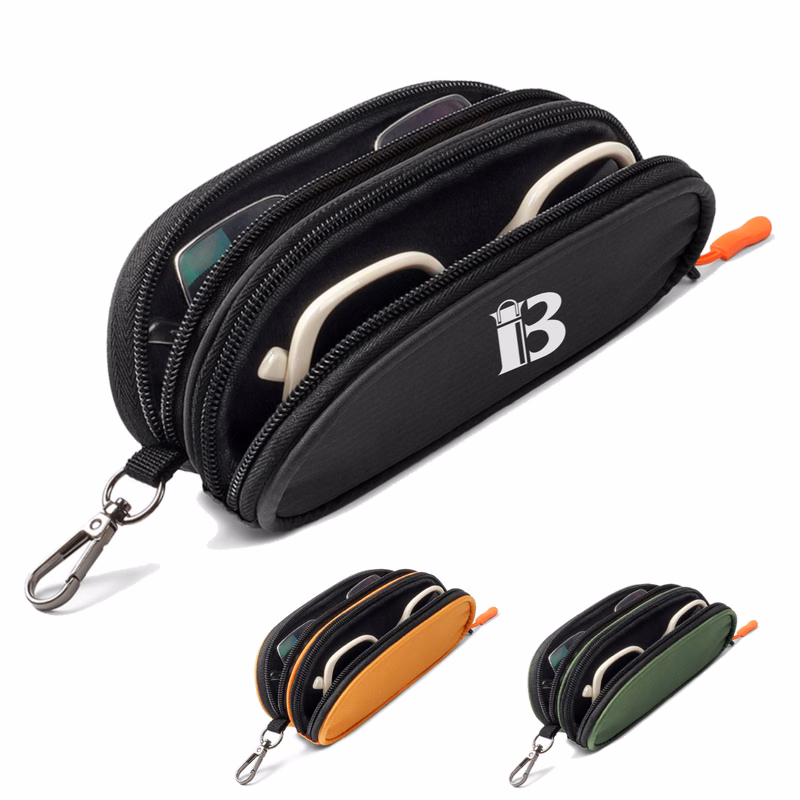 Nylon Double Layer Zipper Eyeglass Storage Bag w/ Carabiner