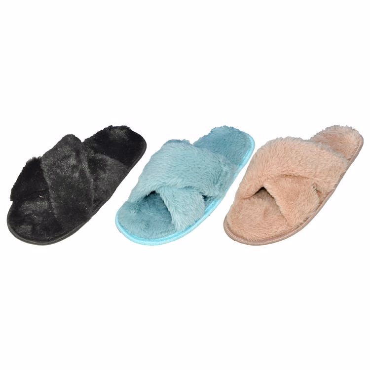Women's Fuzzy Slippers - Assorted Cross Strap