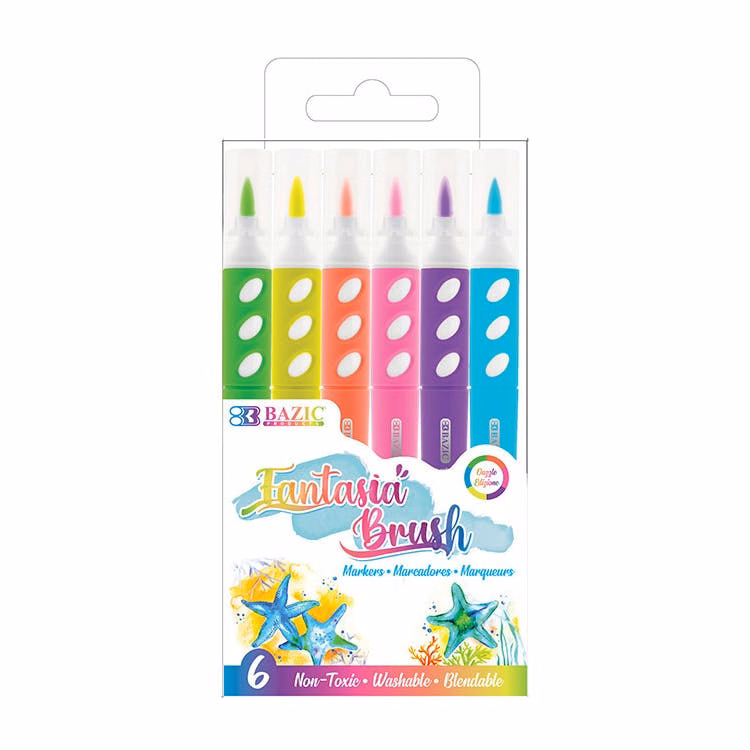 Fluorescent Brush Markers - 6 Pack Assorted